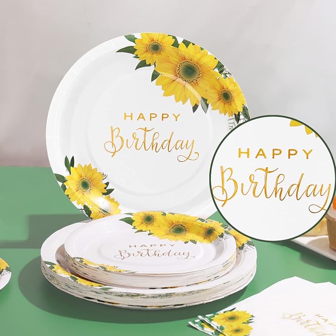 Sunflower Birthday Decorations for Women, Happy Birthday Plates and Napkins for Women Girl, Sunflower Party Decorations Serves 25, Thanksgiving Fall Party Decorations