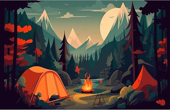 Cartoon Camping Adventure Backdrop Mountain Forest Stream Scenery Outdoor Campfire Photography Background Camper Tent Theme Birthday Party Backdrop Climbing Hiking Backpacks Background 12x8ft