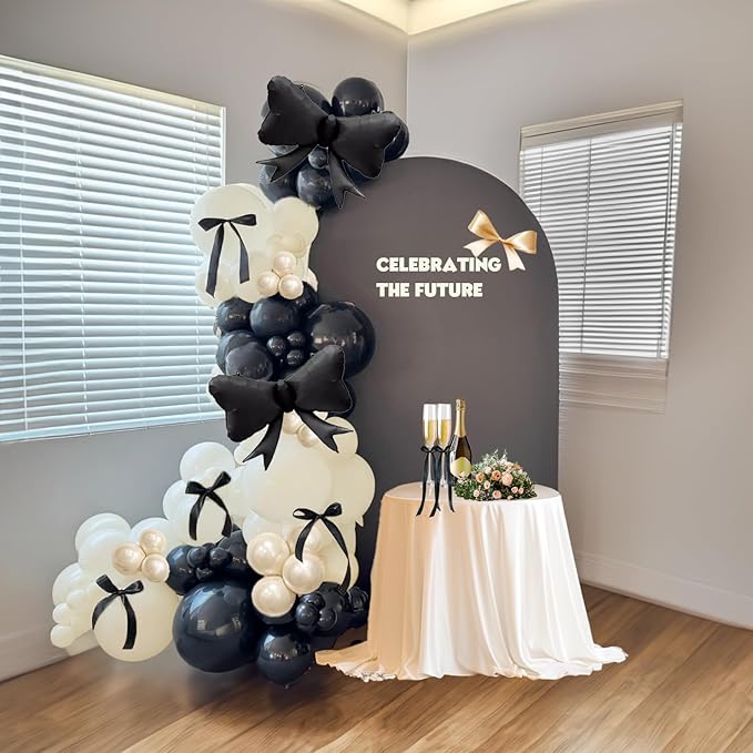 Black Bow Birthday Party Decorations 122pcs black Ivory White Double Stuffed Pearl White Balloons with Bow Foil Balloons for Girl Coquette Birthday Wedding Bridal Party Decorations