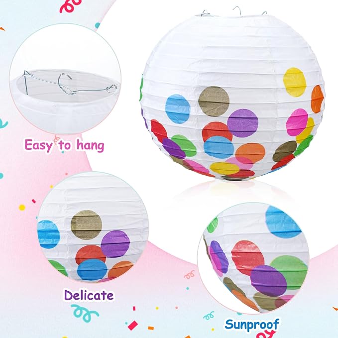 Retisee 12 Pcs 10 Inch Hanging Paper Lanterns Party Decorations Pastel Classroom Decor for Birthday Back to School Party Decoration for Classrooms Wedding Birthday Ceilings(Classic Color,Dots)
