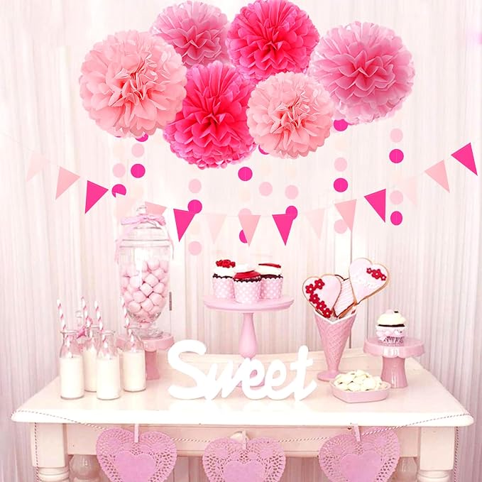 Galentines Valentines-Day Hot-Pink Party-Decorations - 23pcs Girl Birthday Baby Shower Tissue Pom Poms Streamers, Bachelorette Bridal Wedding Engagement Supplies Tassel Garland Banner Decor Ouruola