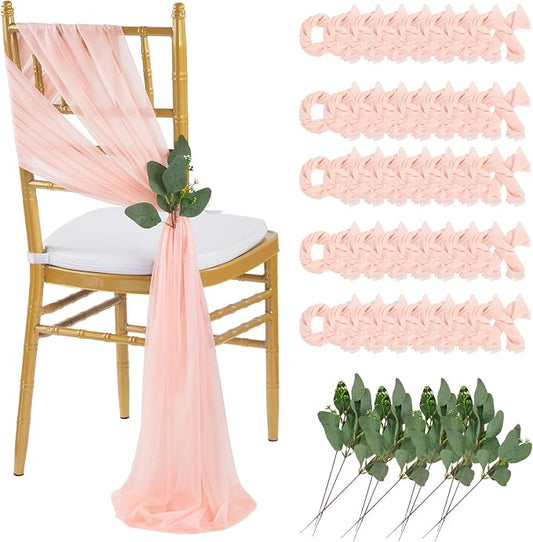 QueenDream Blush Sashes Wedding Decorations: 50PCS Tulle Chair Cover Bands Aisle Sheer Chair Bows for Birthday Party Banquet