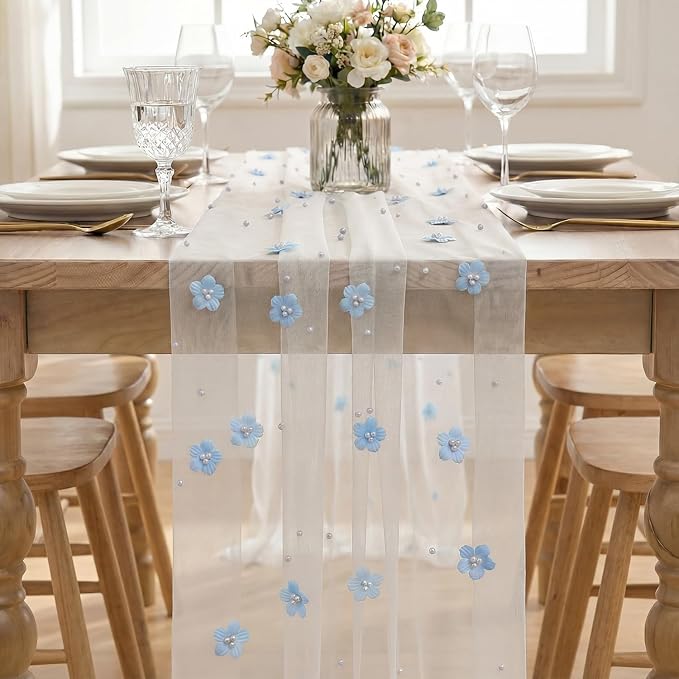 Artoid Mode Blue Flower Pearl White Gauze Table Runner 10FT, Seasonal Sheer Dining Holiday Wedding Birthday Baby Shower Table Decor for Home Party