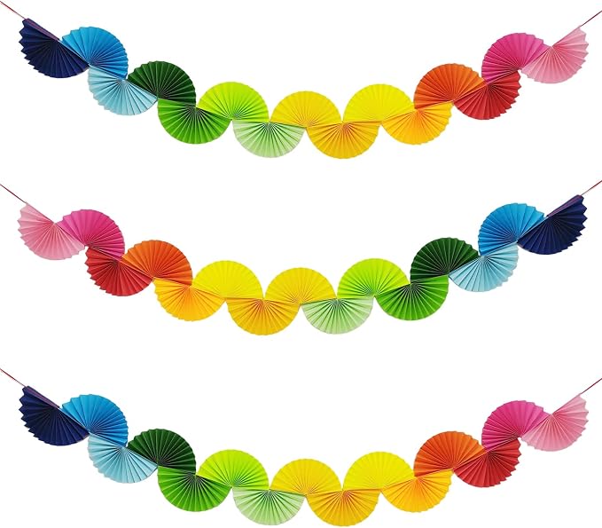 Rainbow Paper Fan Garland - Set of 3 Reusable Party Decorations for Birthday, Baby Shower, Bachelorette, Wedding, 1.6m Each, Easy Hang Backdrop Decor (3 Pack)