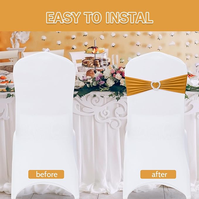 Howhic Pack of 120 Spandex Chair Sashes Bows Stretch Chair Cover Band with Buckle Slider Universal Elastic Chair Ties for Wedding Banquet Party Event Decoration (Gold)