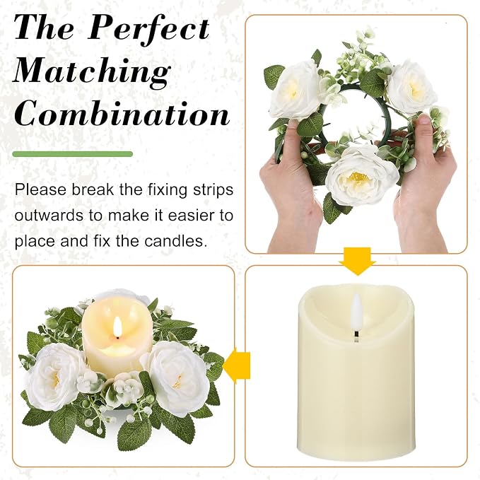 Yunlly 16 Set Rose Candle Rings Wreaths 3 Inch Center with Flameless LED Candles Artificial Rose Light Garland Fake Electric Votive Tealights Bulk Funeral Wedding Table Centerpieces Decor(White)