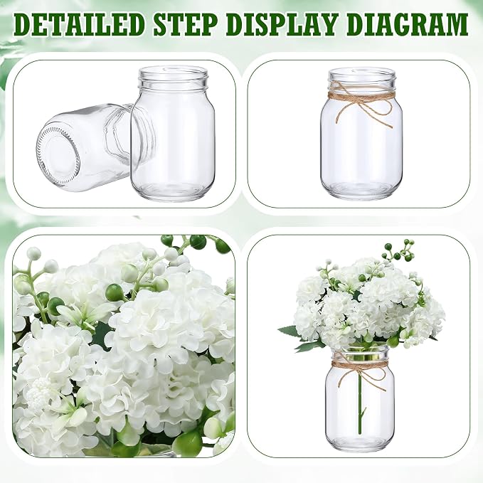 XunYee 10 Set Mason Jar Table Centerpiece with Flower Mason Jar Flower Centerpiece Vases Decor for Engagement Party Bridal Shower Wedding Reception Table Decor(White,Hydrangea)