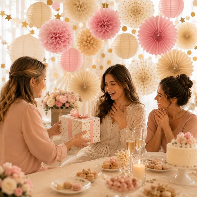 Boho Paper Party Decorations, Blush Pink and Champagne Gold Elegant Party Decor Kit with Paper Lanterns, Pom Poms, Fans and Gold Star Garland for Bridal Shower Birthday Baby Shower Wedding Party