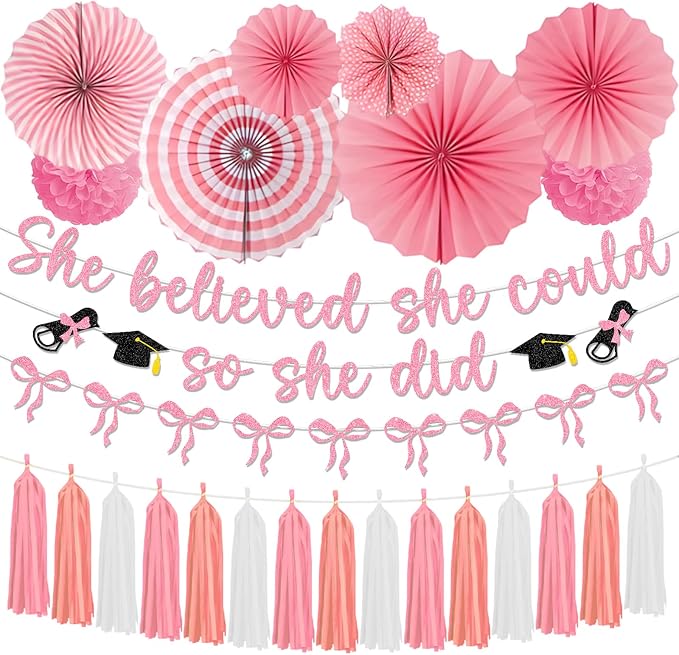 Pink Graduation Decorations 2026 - 14PCS Pink Bow Graduation Banners Pompoms Tassels Paper fans Party Decor, Bowknot Graduation Supplies for Primary Middle High School University College