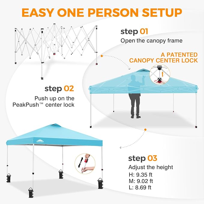EAGLE PEAK Pop Up Canopy Tent with Wheeled Carry Bag, 8 Stakes, 4 Ropes, 4 Weight Bags, Easy Set Up Tent Canopy, 10x10 ft, 100sqft of Shade, Light Blue