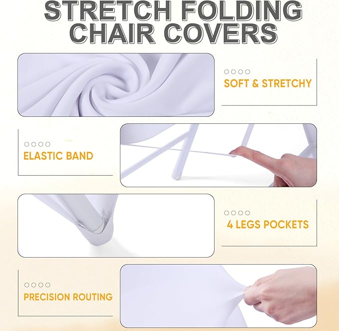 Lounsweer 50 Pcs Folding Chair Cover Set with 25 Stretch Spandex Slipcovers 25 Satin Chair Sashes Bows Ribbon Washable Banquet Protector for Wedding Event Party(White, Gold)
