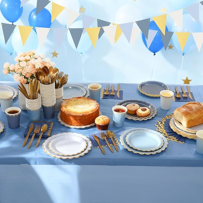 Mimorou 342 Pcs Dusty Blue Party Supplies Blue Tableware for 48 Guests Paper Disposable Plates Napkins Cups Plastic Tablecloth Navy Triangle Banner for Wedding Graduation Birthday