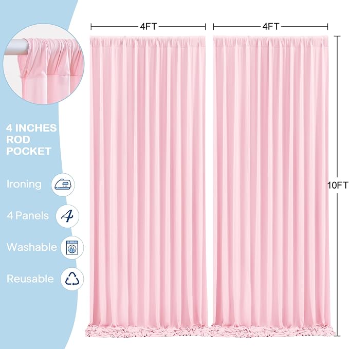 4 Panels Baby Pink Backdrop Curtains - Wrinkle Free Fabric Backdrop Curtain for Photoshoot, 10FT Wedding Party Photo Backdrop Drapes for Birthday Baby Shower Photography Stage Background Decorations