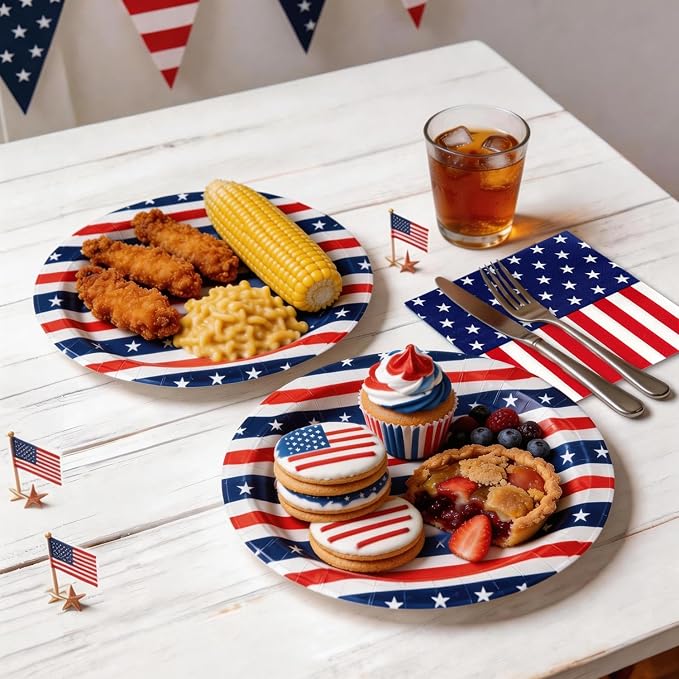 OuMuaMua 100 Pcs American Flag Patriotic Party Supplies, 12"x10" Oval Red White and Blue Paper Plates and Napkins Set, Heavy Duty Disposable Dinnerware for 4th of July, Independence Day, Veterans Day