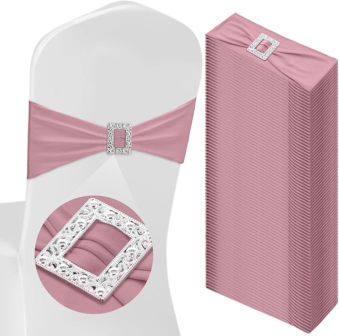 VitalCozy 100 Pcs Spandex Chair Sashes with Square Buckle Slider Stretch Chair Cover Band Universal Elastic Ties Straps Bows for Wedding Banquet Event Party Decoration(Dusty Pink)