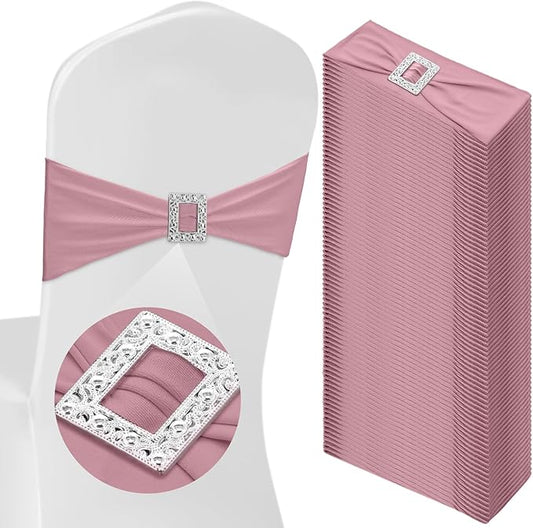 VitalCozy 100 Pcs Spandex Chair Sashes with Square Buckle Slider Stretch Chair Cover Band Universal Elastic Ties Straps Bows for Wedding Banquet Event Party Decoration(Dusty Pink)