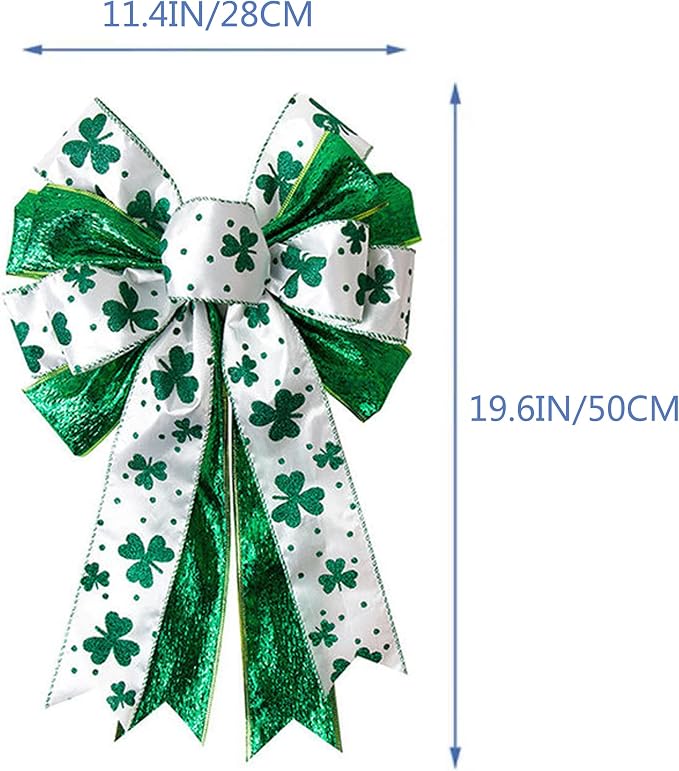 St Patricks Day Bow for Wreath Decorations,11.4 * 19.6in Large White Green Glitter Shamrock Bowknot Irish Holiday Crafts Bows for Tree Topper Front Door Outdoor Outside