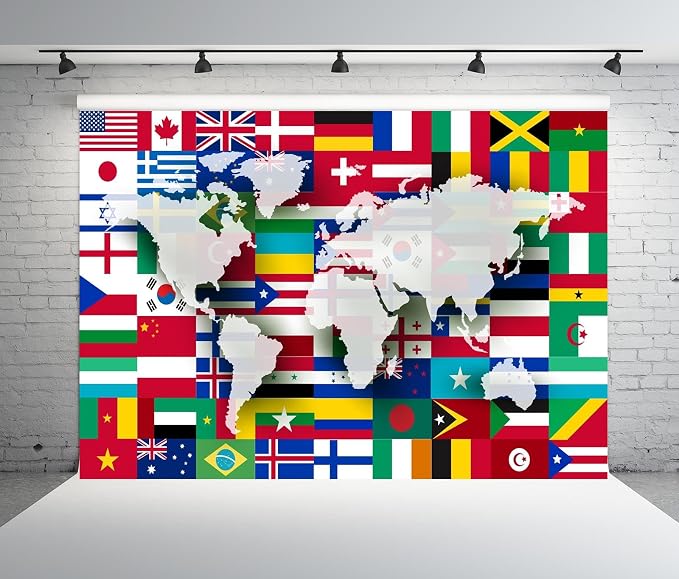 BELECO 7X5ft Fabric World Flags Backdrop World Map International Flag Country Flags Background for Themed Party Decorations Home Decor Photo Booth Studio Props