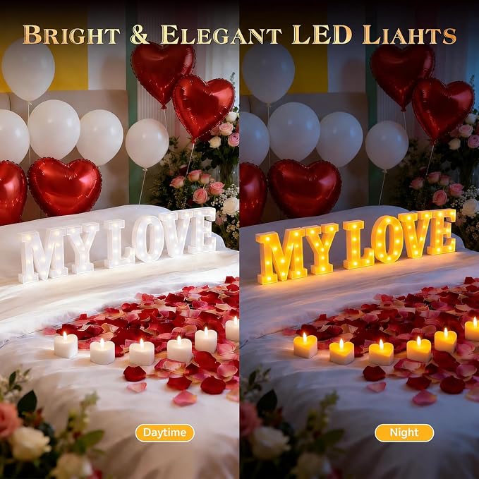 MY LOVE Light up Letters, Include Tea Lights Candles, Latex Balloons, Aluminum Balloons and Rose Petals, Special Festival, Surprise Gifts for Women and Men