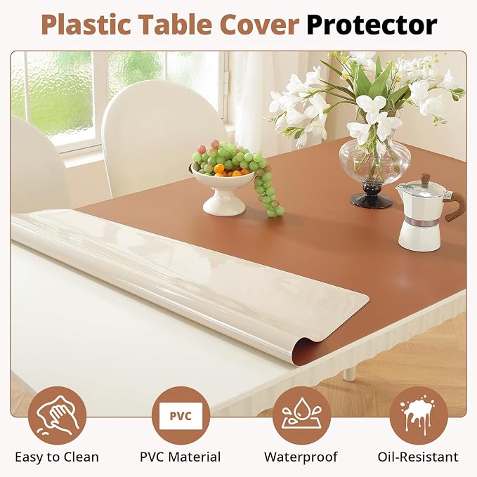 OstepDecor Brown Table Cover Protector 30 x 72 Inch, 1.5mm Thick Plastic Table Cover, Dining Table Protector Pad, Waterproof & Easy Cleaning PVC Desk Mat for Dresser, Coffee & Kitchen Wooden Tabletop
