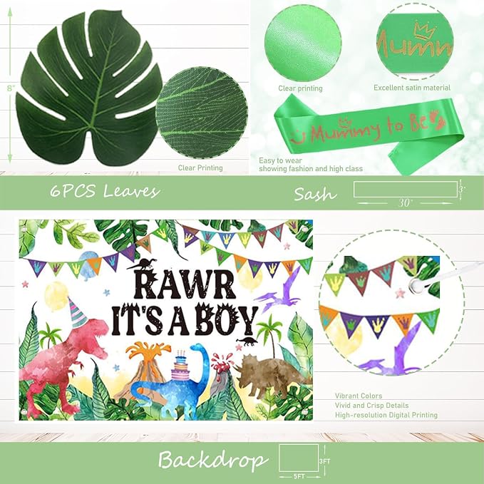 Hombae Dinosaur Baby Shower Decorations for Boy, Dino Themed Baby Shower Decorations, Rawr It’s a Boy Party Supplies Backdrop Balloon Banner Box Cake Cupcake Topper Mummy To Be Sash Green Gold