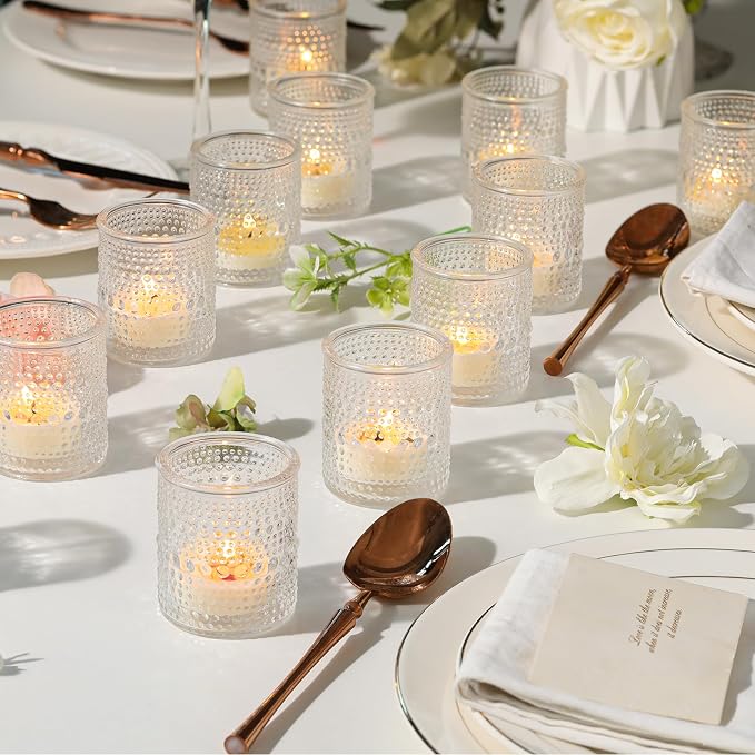 30 Pcs Clear Votive Candle Holders, Votive Candle Holders with Polka Dot Embossed for Table Centerpiece, Tealight Candle Holder for Weddings, Home Decor, Baby Shower, Special Occasions