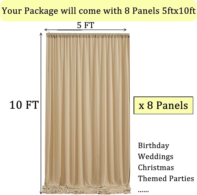 40ft x 10ft Wrinkle Free Champagne Backdrop Curtains for Parties, 8 Panels Thick Fabric Photo Backdrop Drapes for Weddings Photography Birthday Party Backgrpund Decor