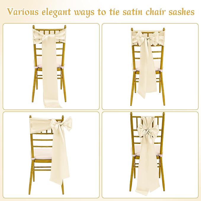 60 PCS Ivory Satin Chair Sashes, Ties Bows Designed Sashes for Washable Reusable Chair Covers Supplies for Wedding Reception Events Banquets Party Hotel Event Aisle Decorations (7 x 108 inch)