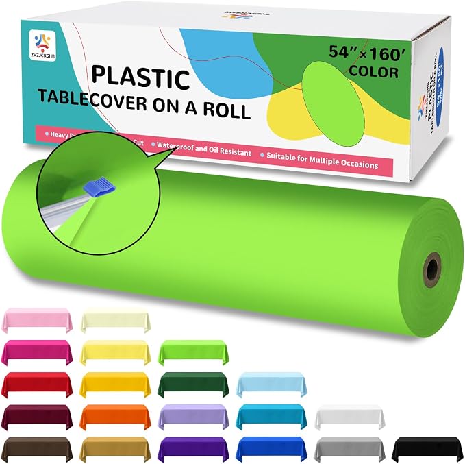 54IN X 160FT Plastic Table Cover Roll with Cutter Box, Cut to Size Plastic Table Cloths for Parties, Birthday, Disposable Tablecloth Roll for All Shape Tables (Lime Green, 54 Inch X 160 Feet)