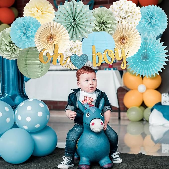 Sage Green Blue Baby Shower Decorations for Boy Oh Boy Banner Tissue Paper Pom Poms Flowers Paper Fans Circle Dot Garland Neutral Party Supplies Baby Boy Gender Reveal Birthday Party Decorations