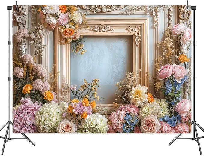15X10ft Retro Wall Wedding Backdrops Frame Style Colorful Flowers Wall Background Medieval Building Photo Background for Mothers Day Bridal Baby Shower Birthday Girls Women Decoration Backdrop