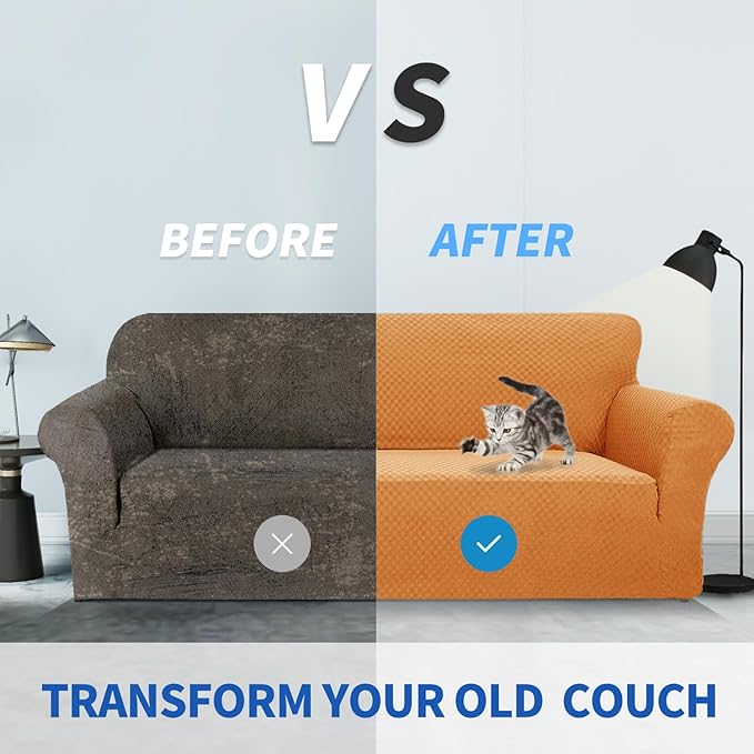 ZNSAYOTX 1 Piece Jacquard Couch Covers for 2 Cushion Couch High Stretch Loveseat Slipcover for Pets Dogs Anti Slip Love Seat Sofa Slipcover Furniture Protector (Medium, Orange)