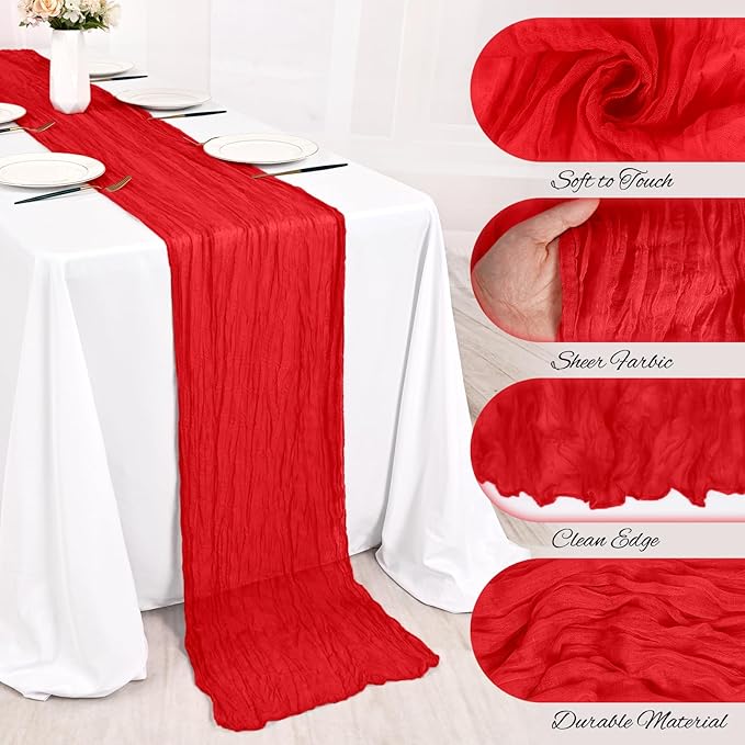 24 Pack Red Cheesecloth Table Runner 10FT Boho Gauze Cheese Cloth Table Runner Rustic Sheer Fabric Table Runners for Wedding Bridal Shower Baby Shower Party(21.5×120 Inch)