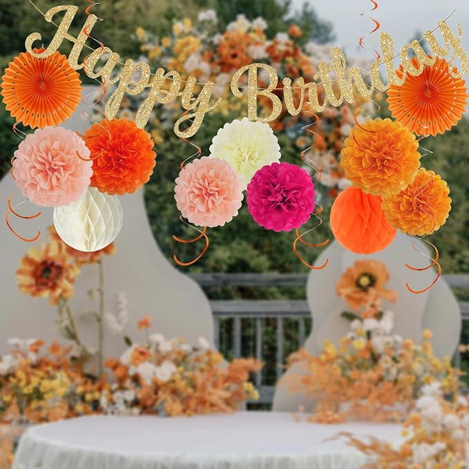 Envibe Orange Birthday Decorations, Tissue Paper Pom Poms with Happy Birthday Banner, Boho Tissue Fans Streamers Paper Lantern, 38 Pcs Fall Party Decoration.