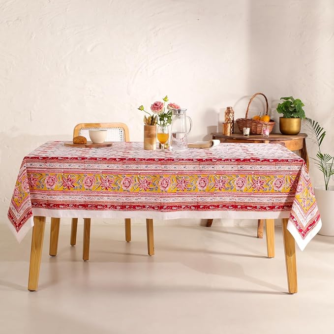 Hand Block Printed Tablecloth, Colorful Floral Print, Indian Artisan Handmade Art, Dining Room, Kitchen, Outdoor Décor, (Ruby Rose Charm, 12 Seater 72 x 135 Inches Rectangle)