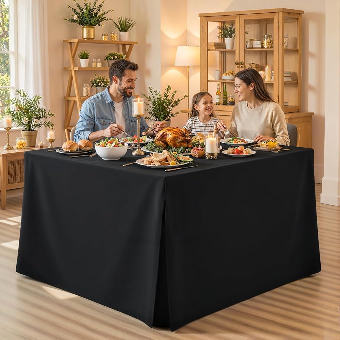 Shillance 1 Pack Black Square Tablecloth for 34x34 Inch Card Table Cover Waterproof Oil-Proof Spill-Proof Polyester Square Fitted Tablecloth for Wedding Parties Display Trade Show