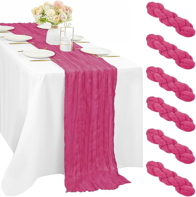 6 Pieces Hot Pink Cheesecloth Table Runners 10FT Gauze Fabric Runner for Tables Boho Table Runner Decoration Rustic Sheer Runner for Wedding Birthday Baby Bridal Shower Party (35 x 120 Inches Long)