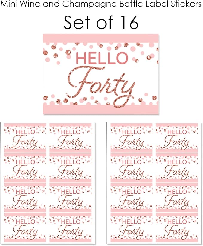Big Dot of Happiness 40th Pink Rose Gold Birthday - Mini Wine and Champagne Bottle Label Stickers - Happy Birthday Party Favor Gift for Women and Men - Set of 16