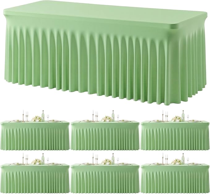 6 Pack Sage Green Table Cloth for 8 Foot Rectangle Tables Spandex Fitted Tablecloth 8ft Stretch Table Covers Skirt Green Banquet Tablecloths Wrinkle Free Tablecloth for Party Wedding Birthday Event