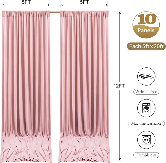 10ftx12ft Wrinkle Free Dusty Rose Backdrop Curtain, 10 Panels 12FT Long Wedding Photo Backdrop Drapes, Silky Polyester Back Drop Cloth for Birthday Photography Background Party Backdrop Draping