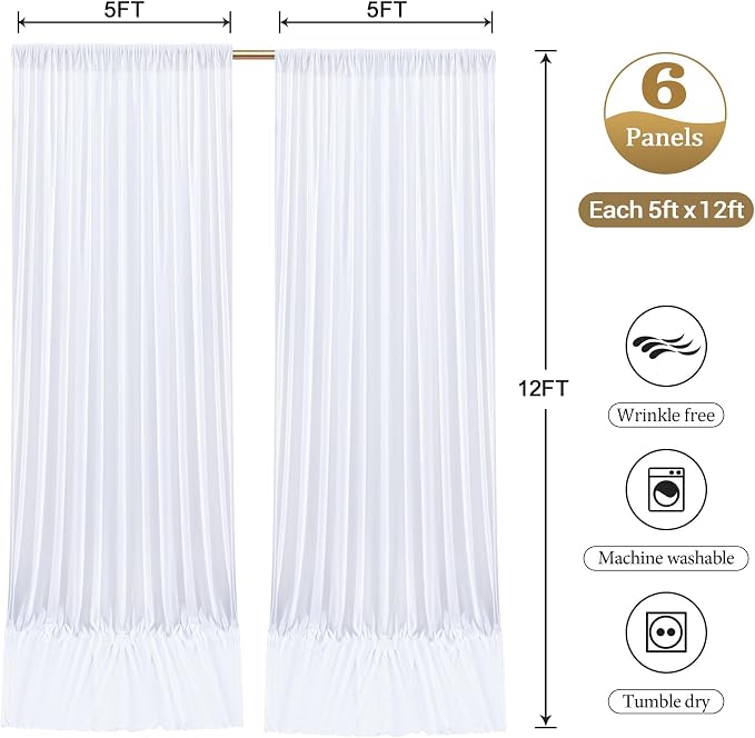 30ftx12ft Wrinkle Free White Backdrop Curtain, 6 Panels 12FT Long Wedding Photo Backdrop Drapes, Silky Polyester Back Drop Cloth for Birthday Photography Background Party Backdrop Draping