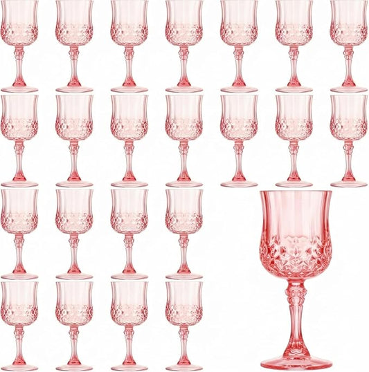Pinkunn 24 Pcs 7 oz Plastic Vintage Wine Glasses Reusable Colored Goblets Patterned Drinking Water Glasses Cup Dishwasher Safe for Mother's Day Wedding Reception Party Supplies (Pink)