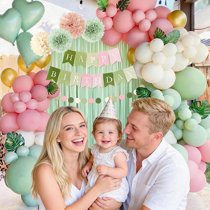 Pink and Green Birthday Decorations, Party Décor for Women, Happy Birthday Decorations with Birthday Banner Fringe Curtain