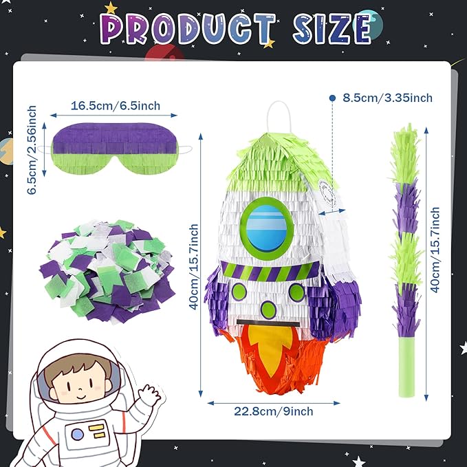 Libima Rocket Ship Piñata with Stick Blindfold Bat Confetti Spaceship Space Shuttle Piñata for Outer Rocket Space Astronaut Theme Birthday Party Supplies Decoration