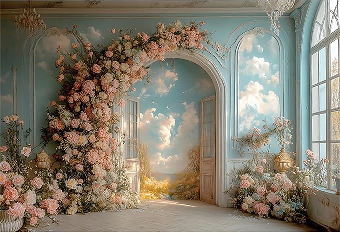 Baocicco 20x10ft Floral Wall Photography Background Romantic Style Arch Door Oil Painting Flowers Photo Background for Women Wedding Party Banner Supplies Girls Birthday Decorations Photoshoot Studio