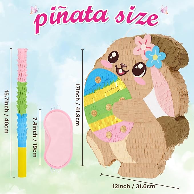 WERNNSAI Easter Bunny Piñata - Easter Piñata with Blindfold and Stick Spring Easter Piñata for Kids Easter Party Decoration Supplies for Birthday Decoration School Spring Party Game
