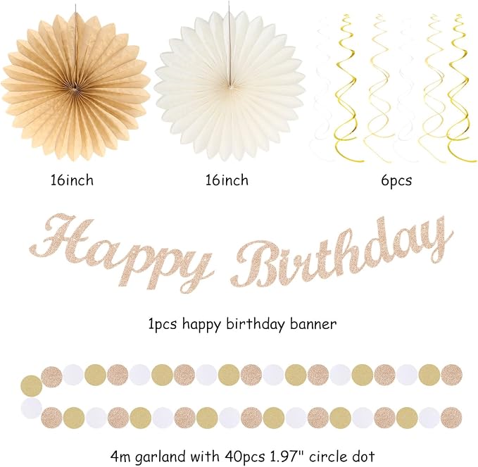Beige Champagne Rose Gold Women-Girls Birthday Decorations - 21pcs Fall Boho Party Happy Banner, Peach Streamers,Paper Lanterns,Pom Poms Fans 16th 18th 20th 21st 30th Birthday Rustic Backdrop Huglony