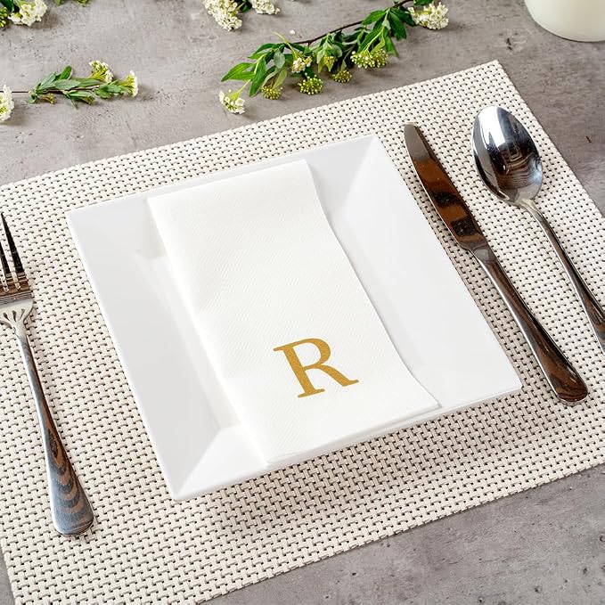 Luxenap 15.8 X 7.9 Inch Linen-Feel Guest Towels, 2000 Lettered Hand Towels - Gold Letter 'R', Sans Serif Font, White Paper Dinner Napkins, airlaid, For Restrooms And Tables