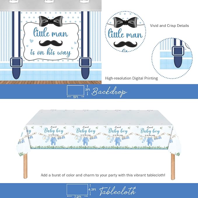 Hombae Little Man Baby Shower Decorations, 106 PCs - Unique Boy Baby Shower Party Supplies with Mustache and Bow Tie Backdrop, Balloon Garland, Cake Topper, Sweet Boy Tablecloth