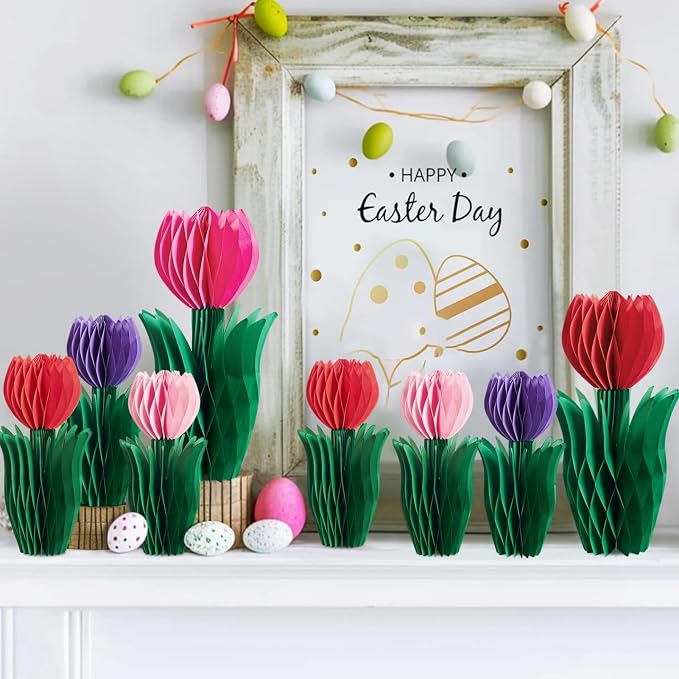 SUNBEAUTY 8 PCS Tulip Honeycomb Decorations, Spring Decorations for Office, Spring Table Decor, Red Tulip Honeycomb Flower Decorations Spring Centerpieces for Tables Mother Day Spring Party Womens Day